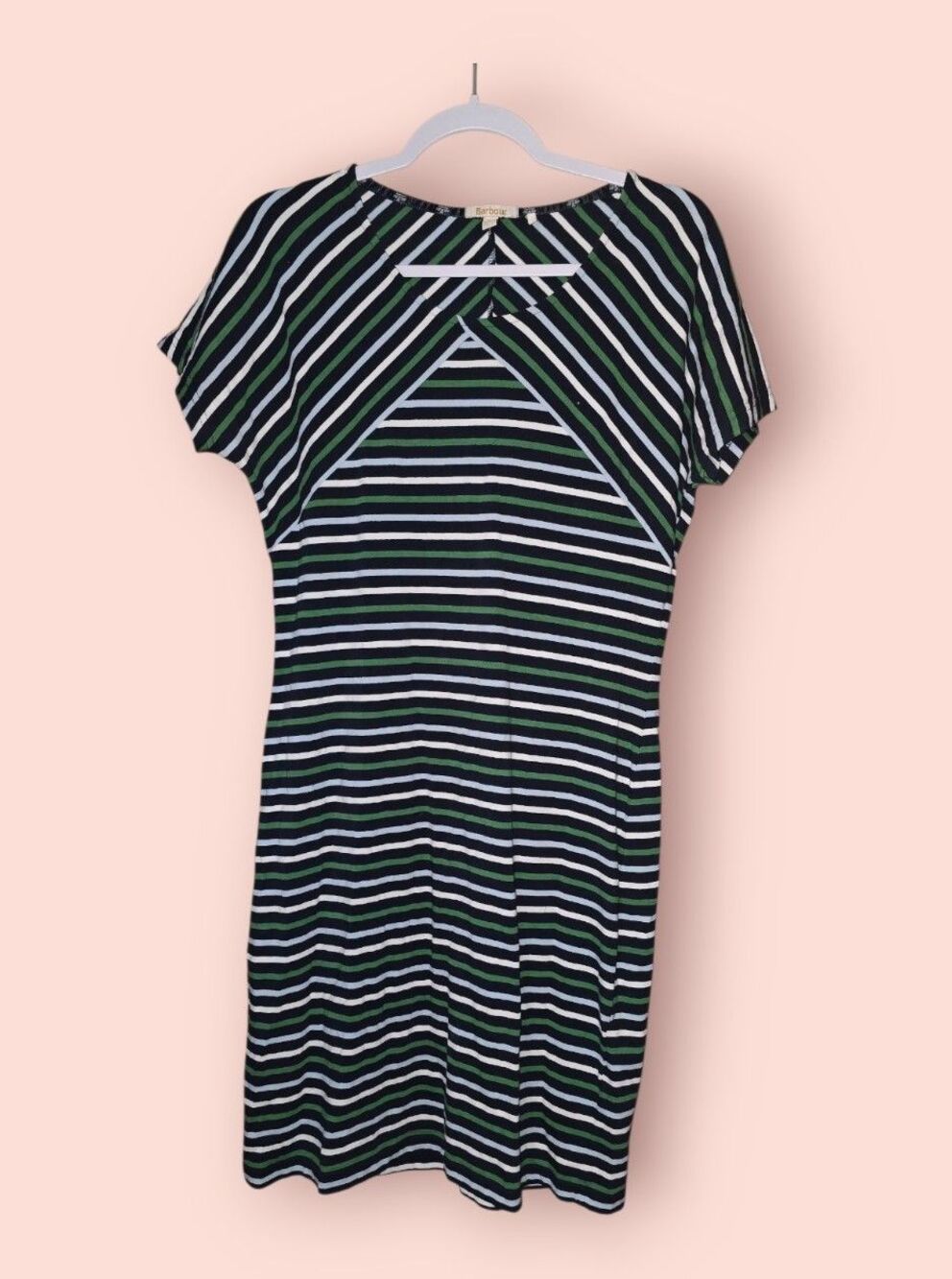 Barbour LittleHampton Stripe Dress Navy Green White Cotton Jersey Casual Size 8
